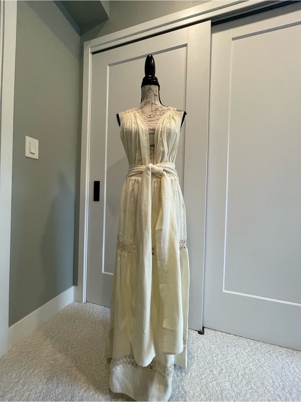 Women's Cream Maxi Dress with Waist Tie